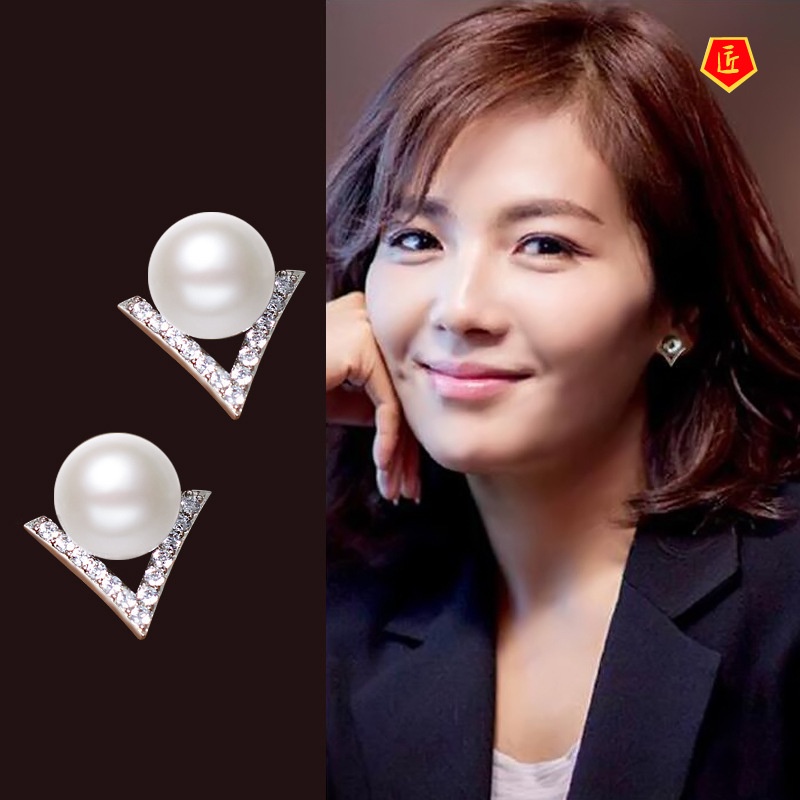 [Ready Stock]Korean-Style Elegant Pearl V-Shaped Stud Earrings