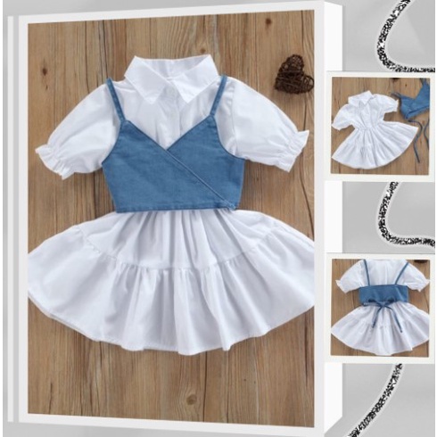 Dress anak import Korea / Dress rompi cece jeans premium / mini dress kid / dress anak warna putih D