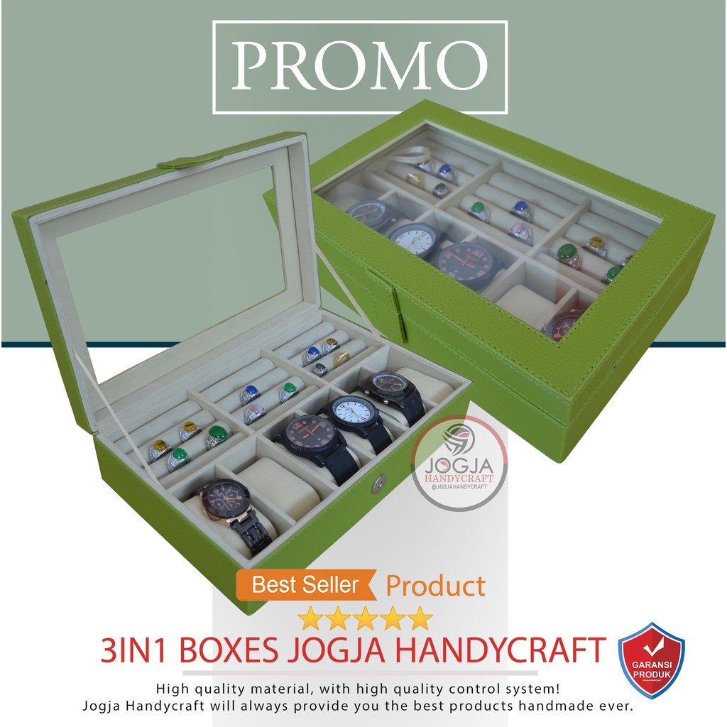 Kotak Tempat Jam Tangan Kombinasi Tempat Cincin | Watch Box Mix Ring Green Cream (Kualitas Super)