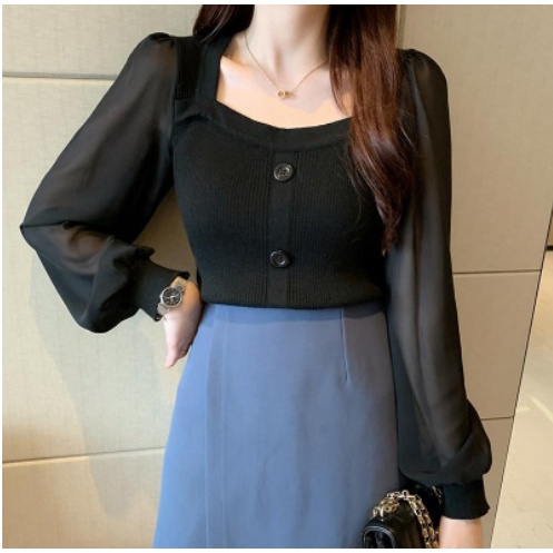 Darcy Pleated Blouse Import LENGAN MESH KOMBINASI RAJUT IMPORT 9986#