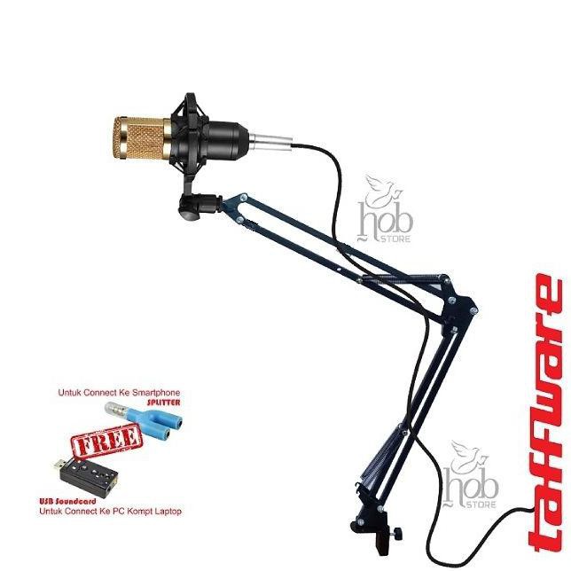 Microphone BM800 Mikrofon & Dudukan Bracket Stand Mic Karaoke taffware - Hitam-Gold