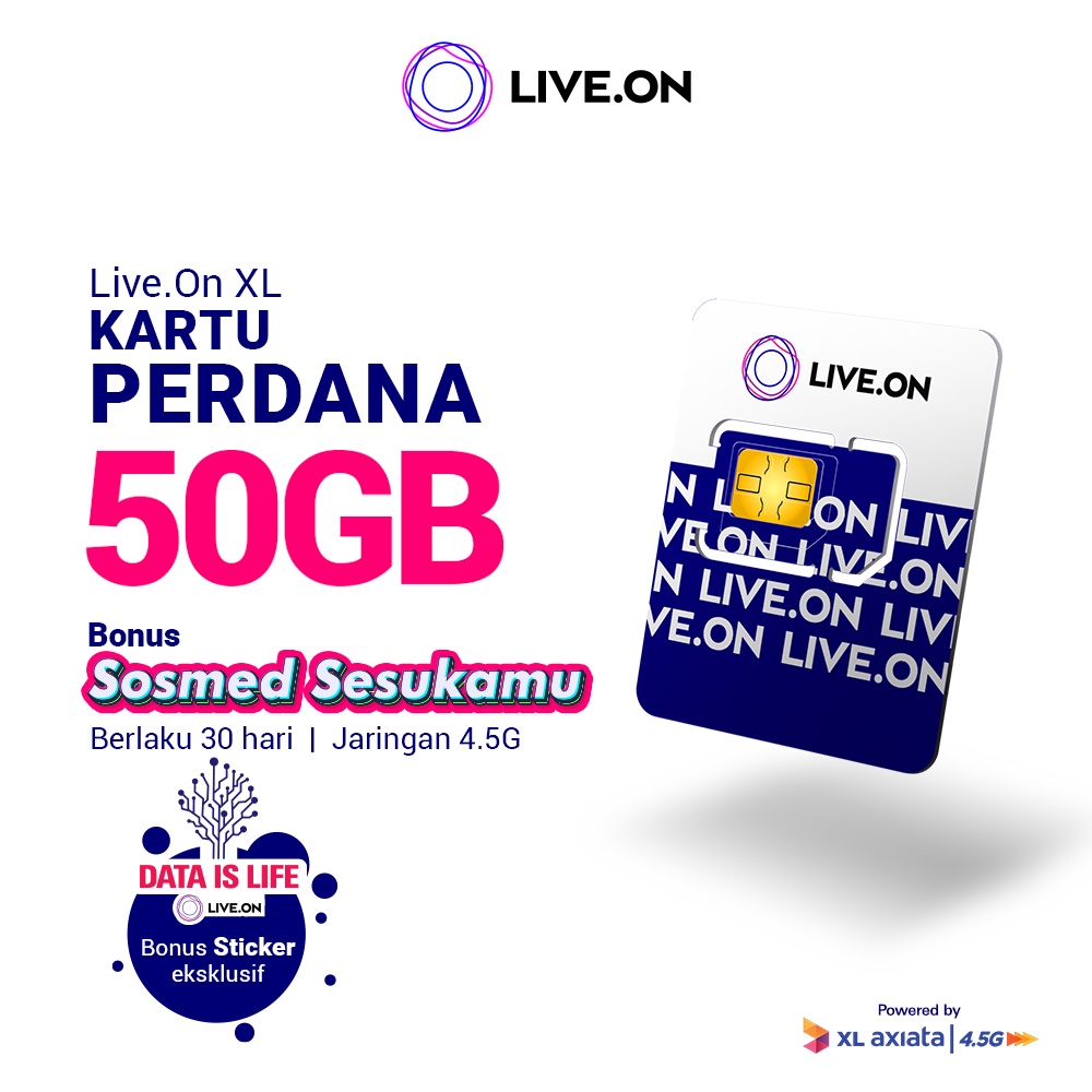 Live.On Kartu Perdana 50GB (30 hari) + Sosmed Sesukamu Jaringan 4.5G + Sticker H