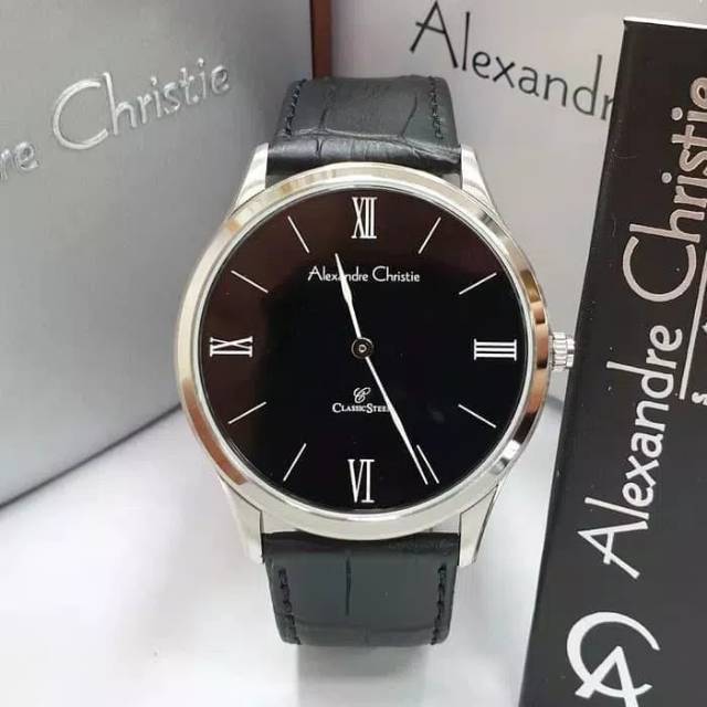 ALEXANDRE CHRISTIE COWOK / PRIA SILVER BLACK TALI KULIT ORI - ALEXANDER CRISTIE 8478 HITAM STRAP