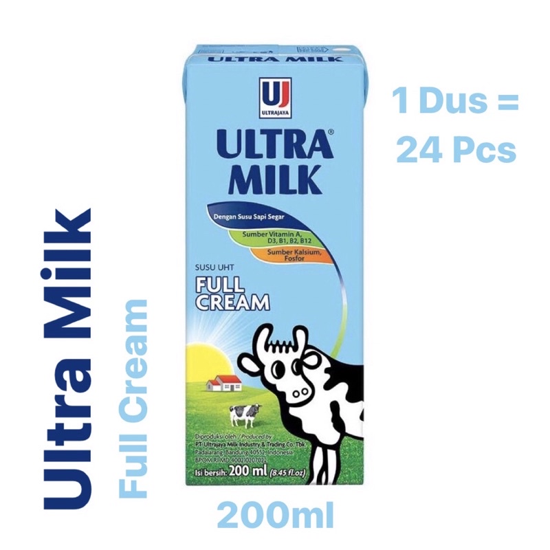 

〖Ultra Milk Full Cream Putih 200ml | 1 Dus - 24 pcs (@200ml/pcs) | Susu UHT Rasa Full Cream〗