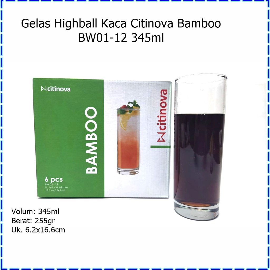 [6pcs] Gelas Highball Kaca/Gelas Jus Citinova Bamboo BW-02-12 345ml