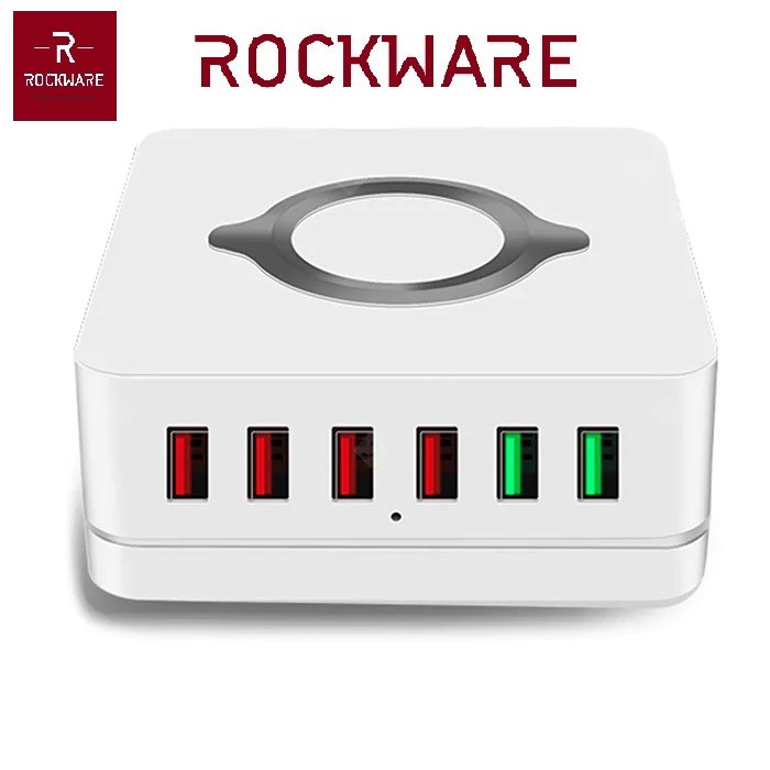 ROCKWARE E6 - 6 USB Port Charging Station and Qi Wireless Charge - 72W - Charger Multiport Up To 6