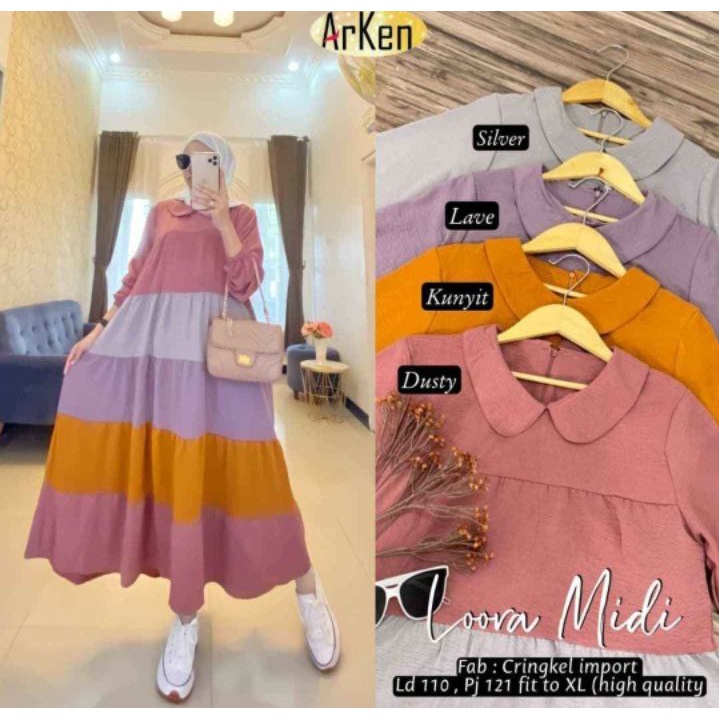 Gamis Loora Midi - Gamis Terbaru Rayon Premium Dress Wanita Pelangi Lengan Karet Maxi Dress Kekinian LD 110 cm