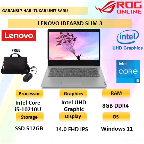 laptop kerja lenovo ideapad slim 3 intel 5 i5 10210u ram 8gb ssd 512gb intel uhd graphic windows 11 
