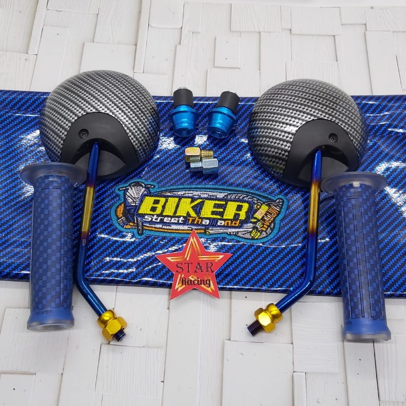 spion bulat Scoopy Carbon twotone+kulit jok biker+handgrip Carbon+Jalu stang universal motor Honda