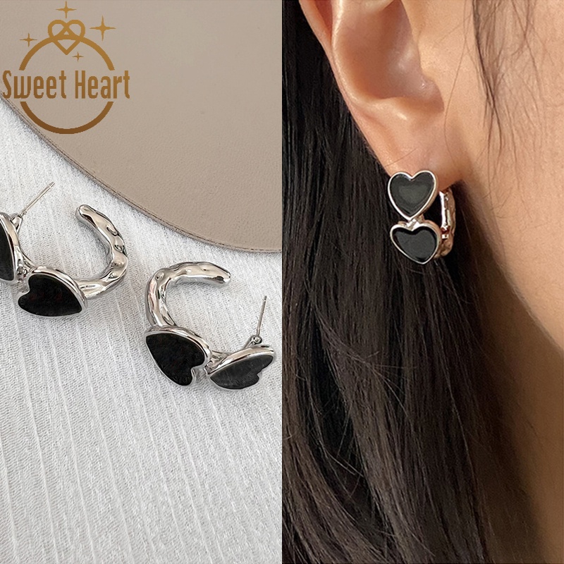 Anting Tusuk Silver 925 Desain Hati Sekop Warna Hitam Untuk Wanita