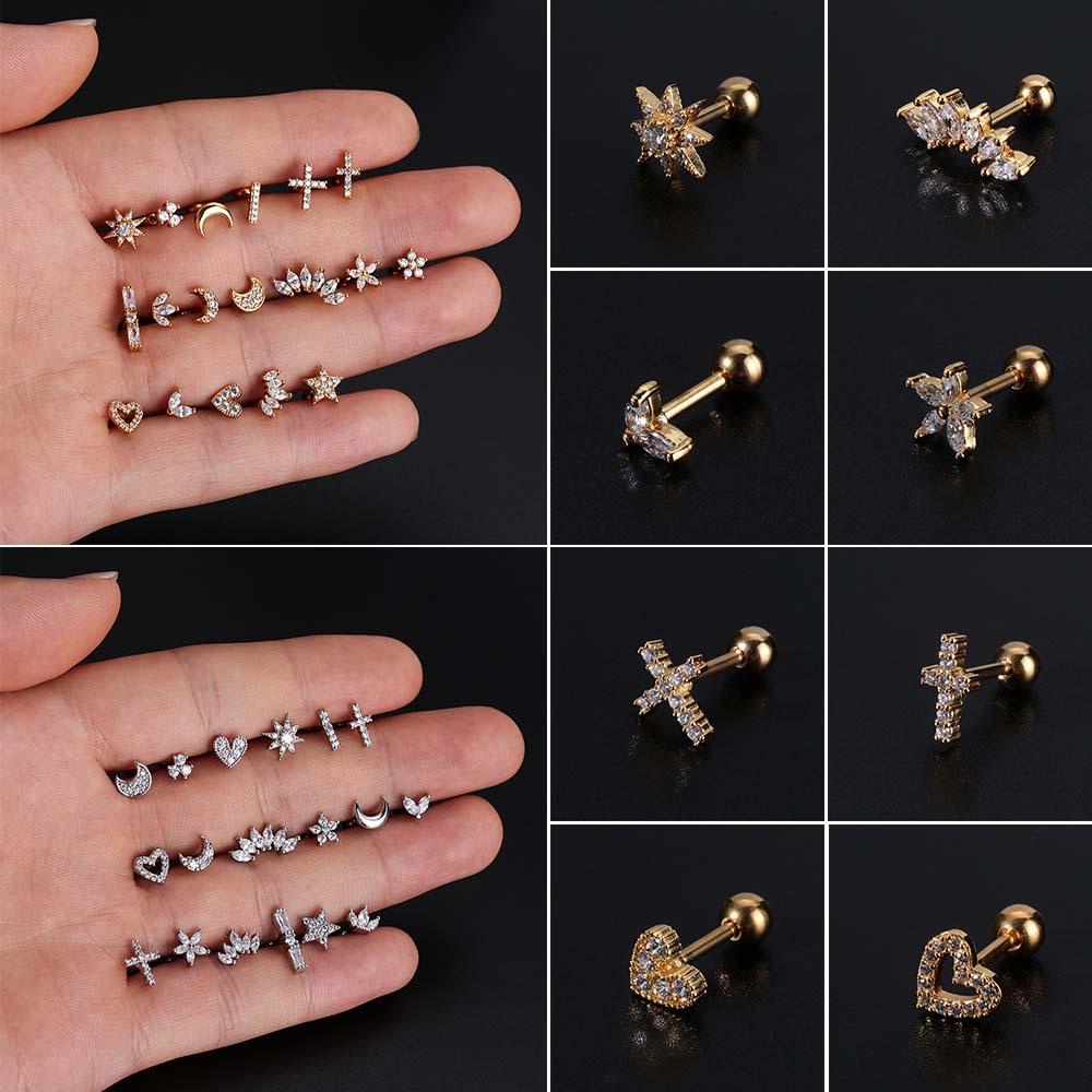 Needway Stud Earring Keong 1Pc Tulang Rawan Tragus Jantung Salib Bulan Berlian Imitasi Zirkon Perhiasan Tindik