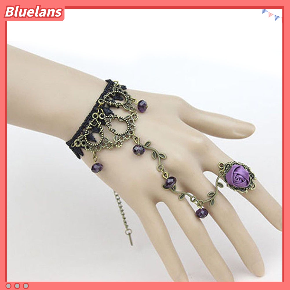 Bluelans Gelang Tangan Sambung Cincin Bahan Lace Motif Bunga Gaya Gothic Untuk Wanita