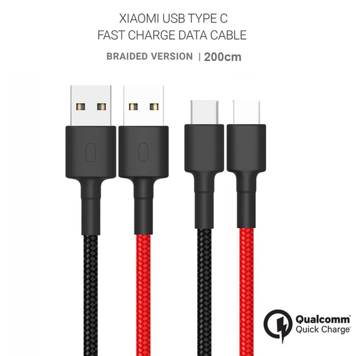 USB Type C Braided Cable 200cm Kabel Data support Turbo 27W