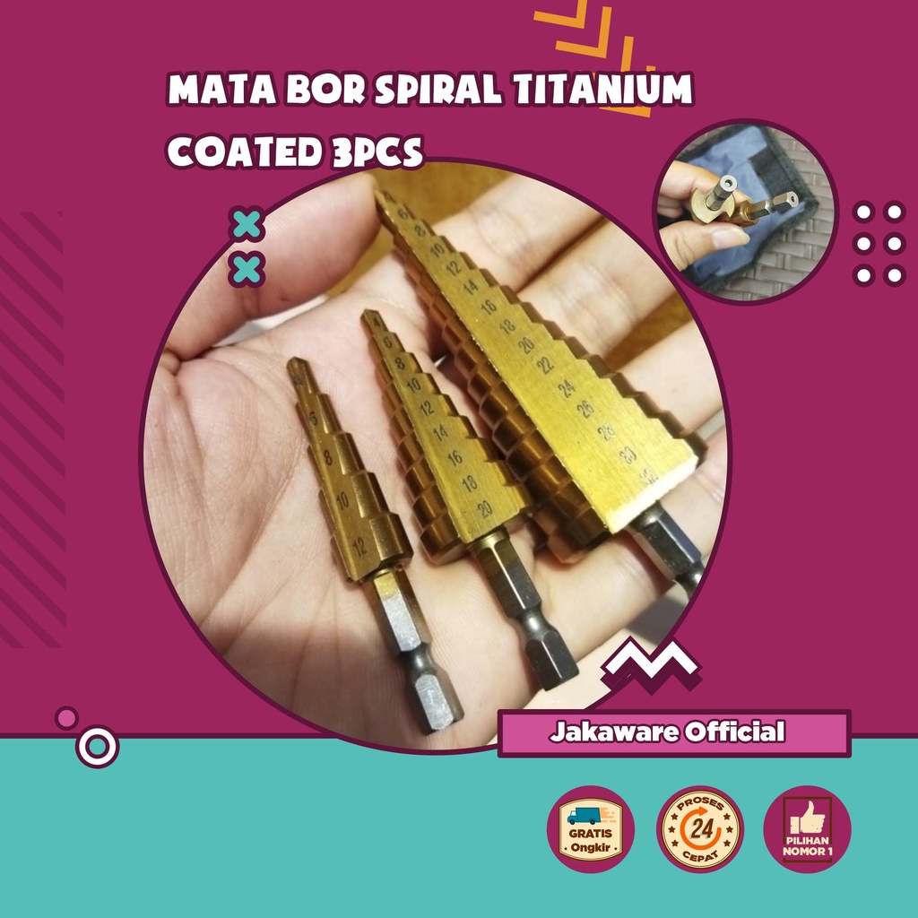 MATA BOR SPIRAL TITANIUM COATED 3PCS PAGODA PIRAMID KERUCUT SET ALAT PELUBANG BESI LUBANG PENDEK MIN