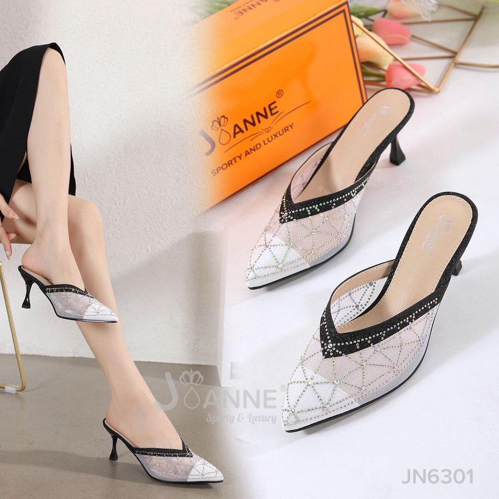 JOANNE Mules Heels Mutiara Glitter Pesta Shoes #JN6301 ORIGINAL