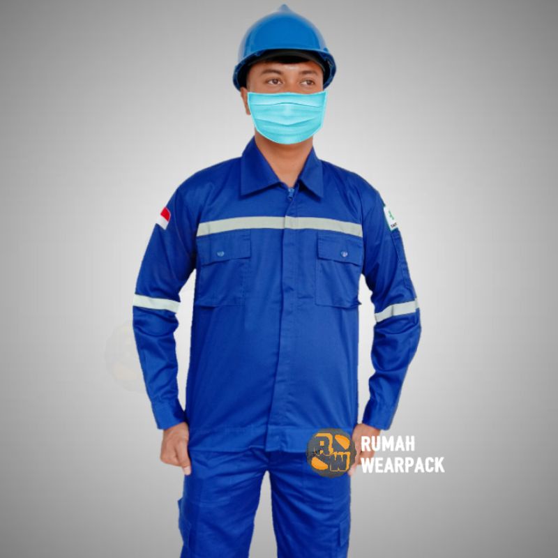 Baju Kerja/  Wearpack  Proyek  Kemeja Lapangan Kerja Atasan Lengan Panjang Biru Benhur Polos