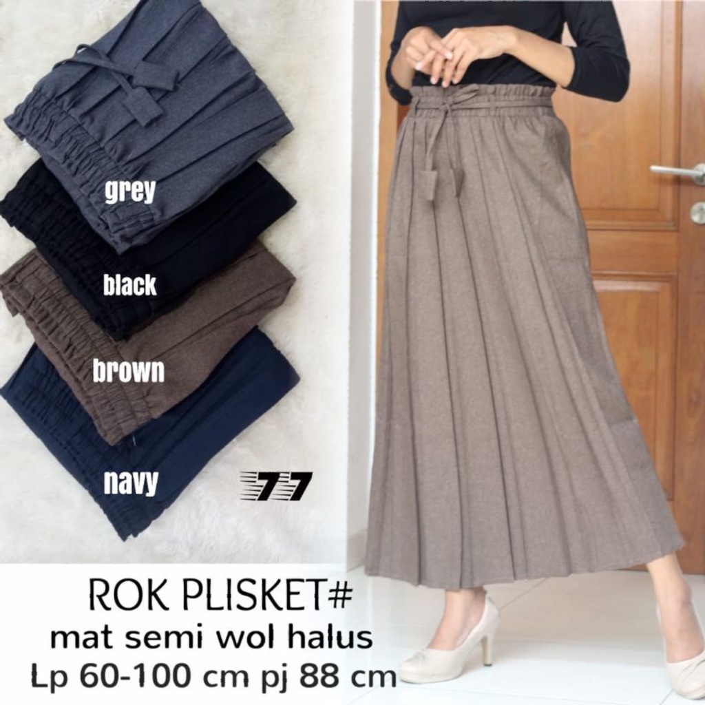 ROK PLISKET PREMIUM IMPORT KANTOR KERJA WANITA BAHAN SEMI WOLL PINGGANG FULL KARET