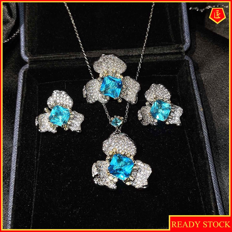 [Ready Stock]Jewelry Flower Stud Earrings Elegant Blue Topaz Ring Necklace Set