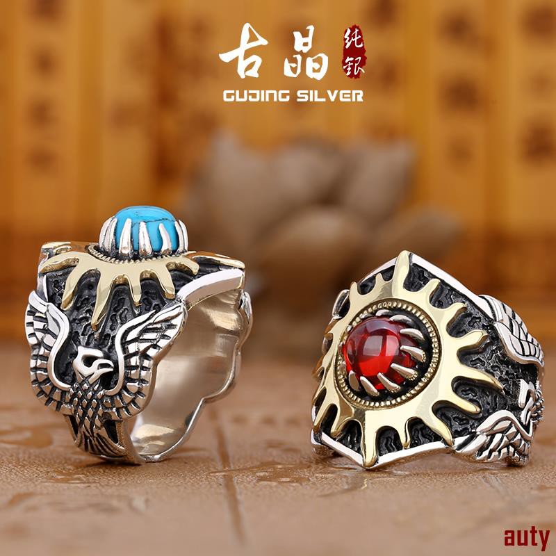 Cincin Pria Model Tide Motif Burung Phoenix Sun Bahan Sterling