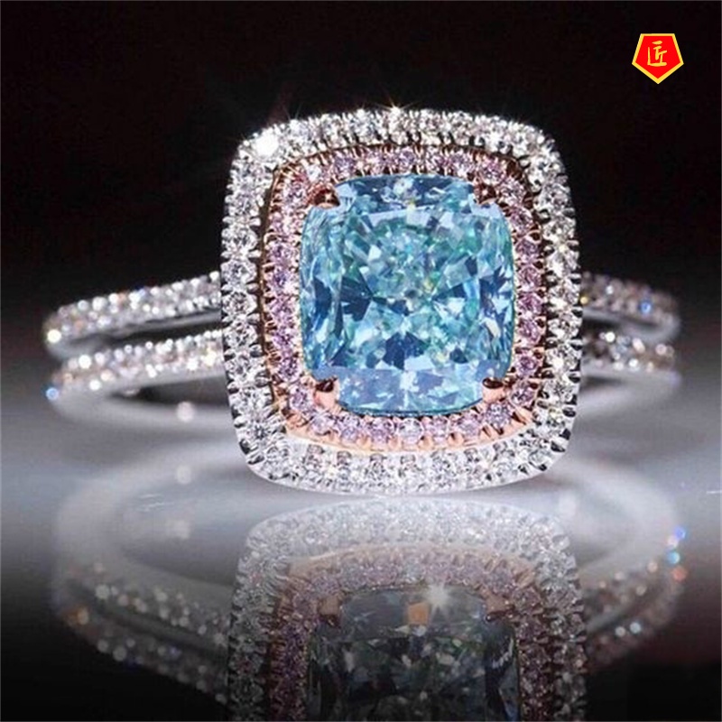 [Ready Stock]Pink Crystal Ring Female Inlaid Blue Topaz