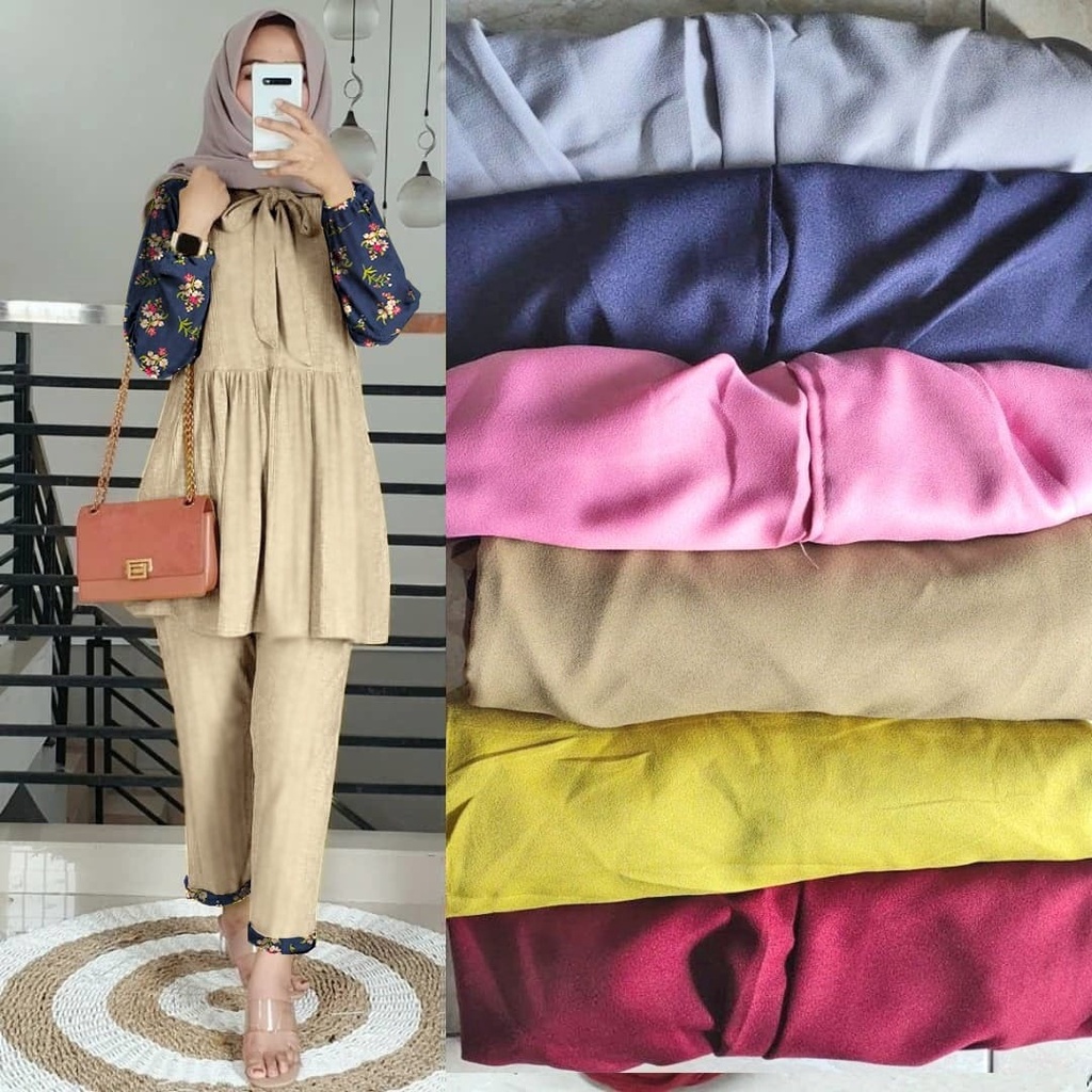 Setelan set jumbo Carita Flowen Tunik Wanita Kekinian Motif Bunga Terbaru 2023 2022 One Set Bahan mo