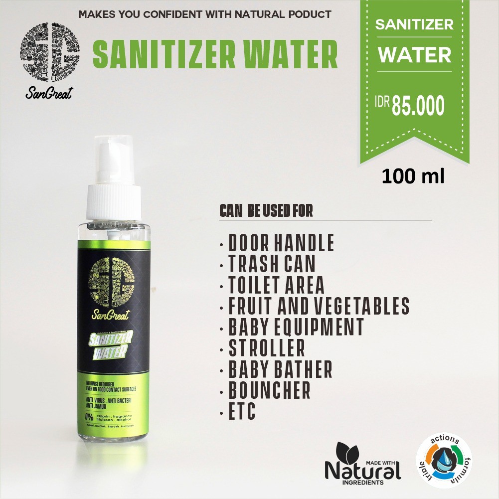 Sanitizer Water Antiseptic Water Non Alkohol dari SanGreat untuk semua jenis permukaan 100 ml