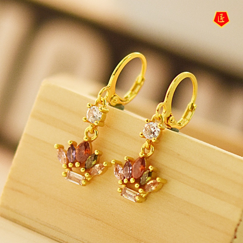 [Ready Stock]18K Gold Crowns Colored Gemstone Earrings Simple Personality