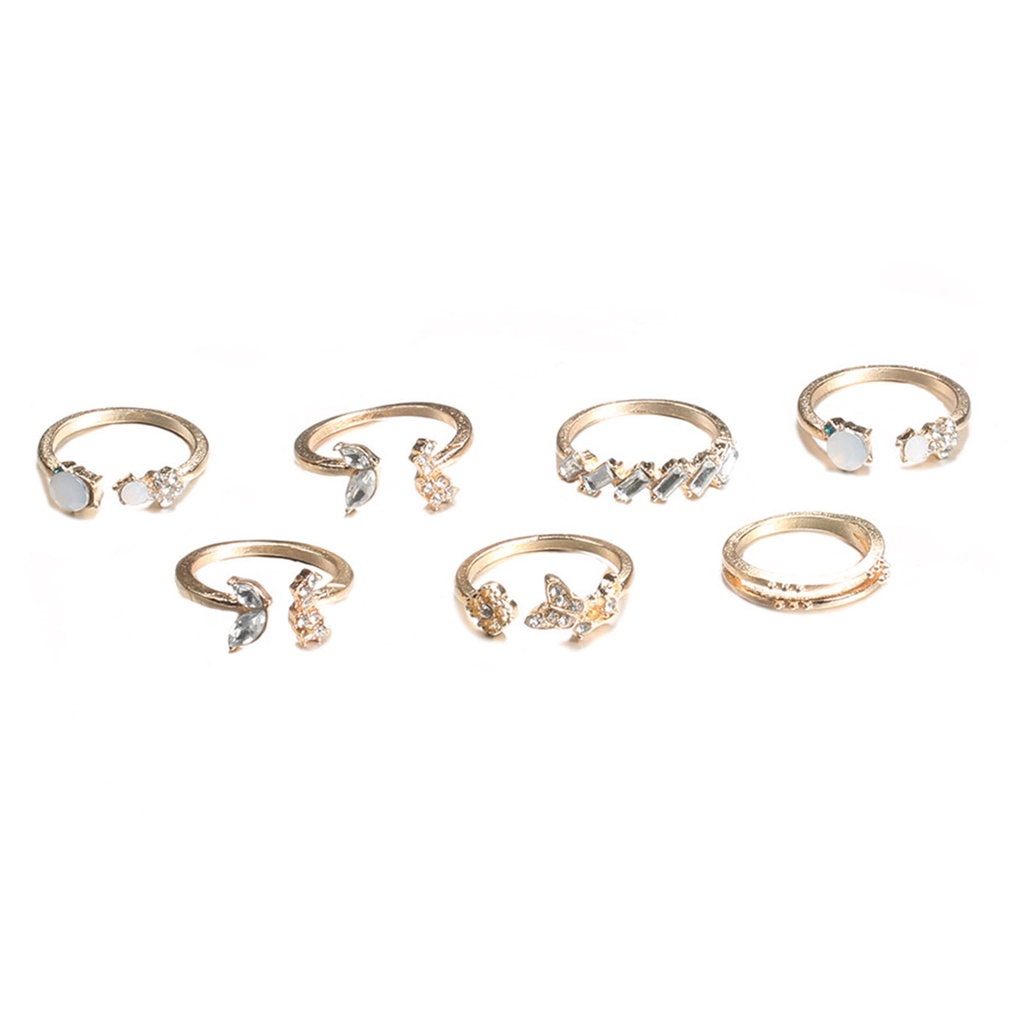 Hu Hu Hu Hu Hu Alat Bantu Pasang Kacamata♡ 7pcs Cincin Knuckle Desain Bunga Butterfly Aksen Berlian Imitasi Untuk Wanita