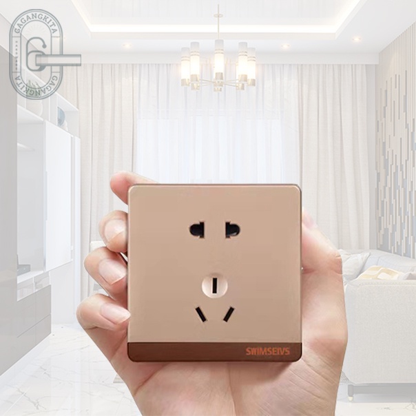 Golden Brushed 1/2/3/4 Gang 5Hole 1 Way Rocker Switch 10A 5-Hole Socket Wall Switch Panel 86mm*86mm