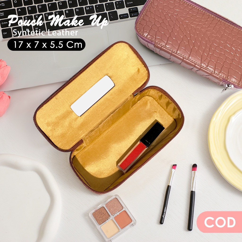 Pouch makeup wanita kulit sintetis motif croco pouch makeup mini lucu ala korea terbaru murah