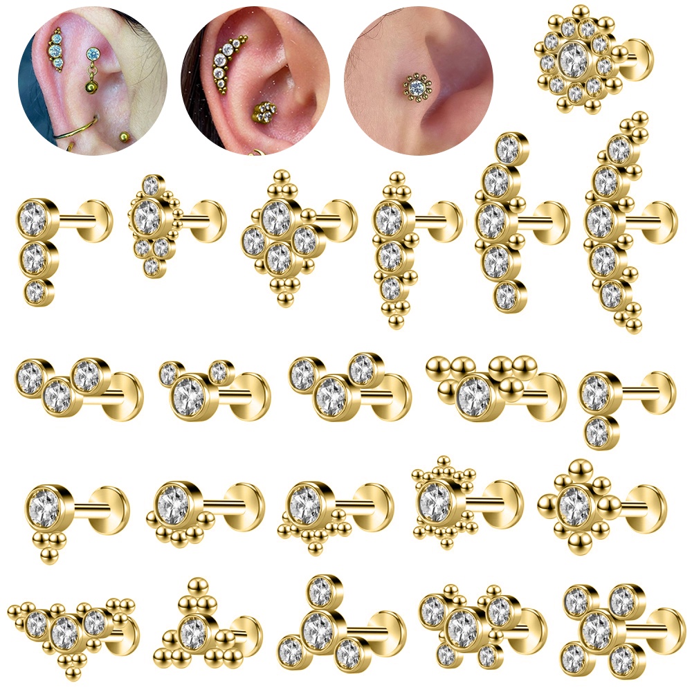 1 PC Anting Stud Tindik Bibir Telinga Bentuk Bola Keong Kristal Bahan Stainless Steel Warna Emas