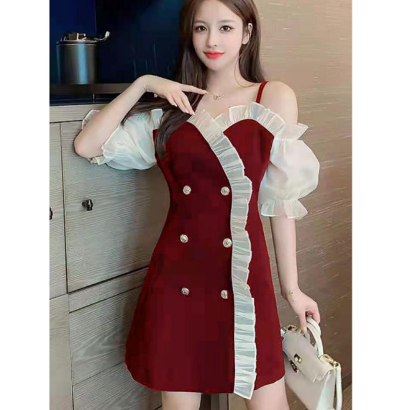 MDLV ~ 0987# Sheryn Double Breasted Dress Premium Mini Dress Korea Sabrina Fashion import
