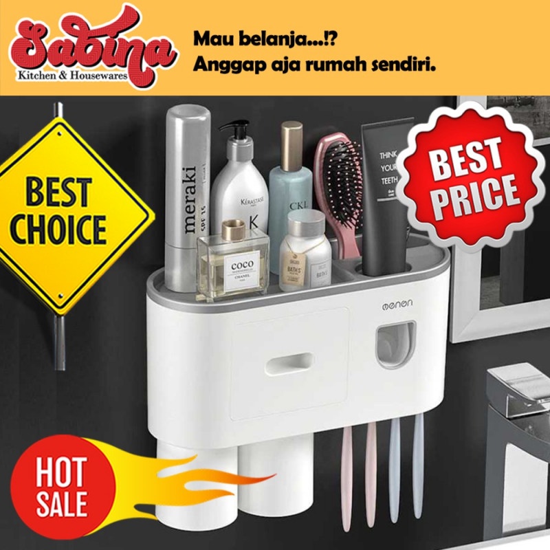 Rak Gantung Kamar Mandi Dispenser Odol Toothbrush Holder 2 Cup Magnet