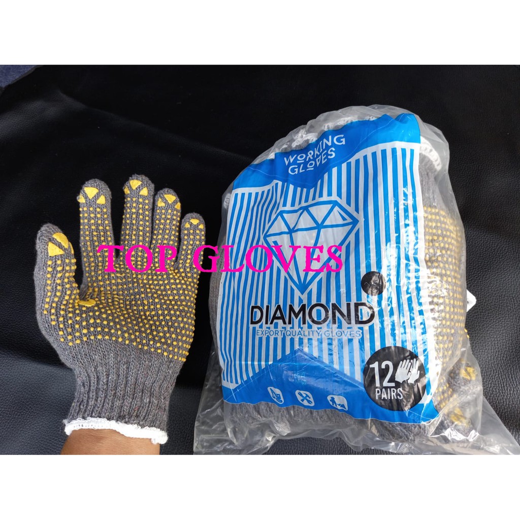 Sarung Tangan Benang 4 Abu-Abu Bintik Kuning PVC Dotting Polkadot Merk DIAMOND - Sarung Tangan Proyek