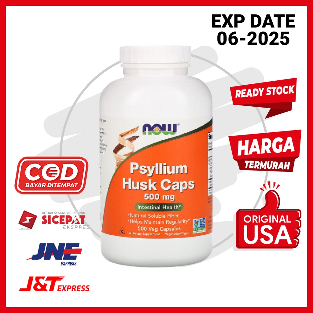 Vitamin Psyllium Husk Caps 500 mg Now 500 veg Kapsul