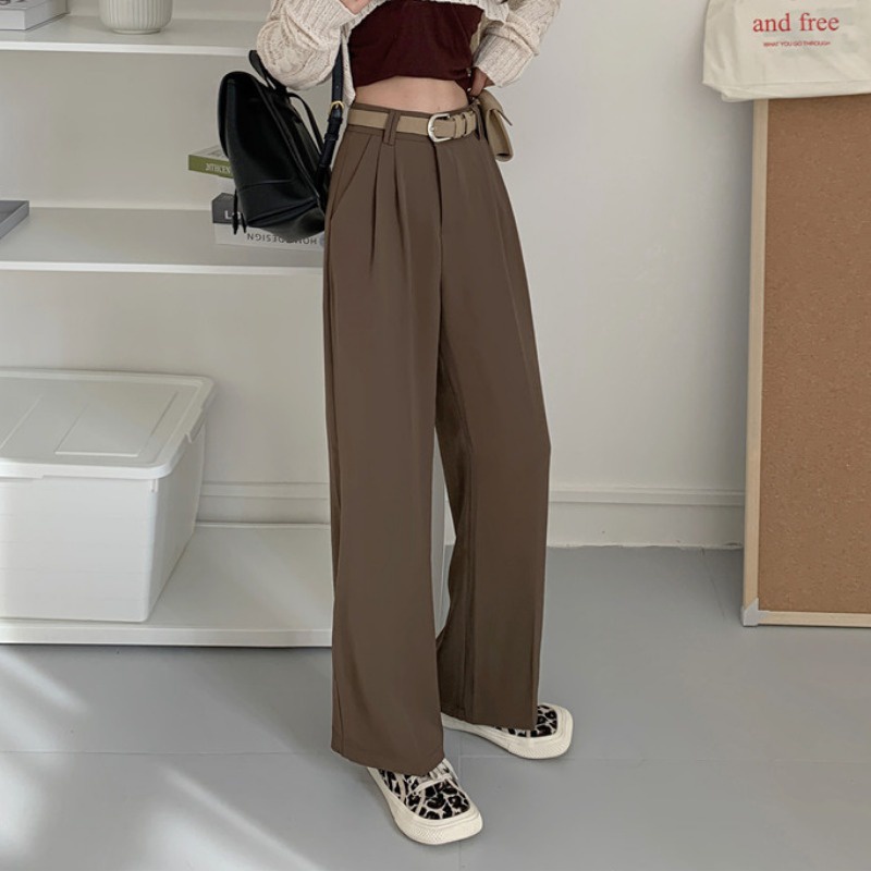 [chaoo.id]Celana panjang lurus pinggang tinggi wanita Korea warna solid celana setelan longgar kasual/celana kulot wanita korean style loose highwait/celana wanita terbaru/straight pants/celana panjang wanita celana bahan