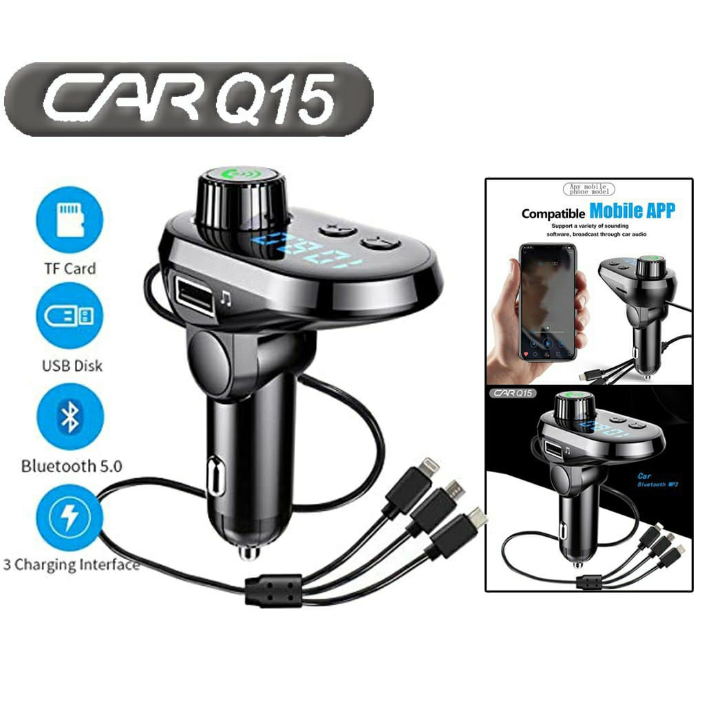 Bluetooth Transmitter Q15 Charger Mobil FM Transmitter Bluetooth Digital Display 3.1A Quick