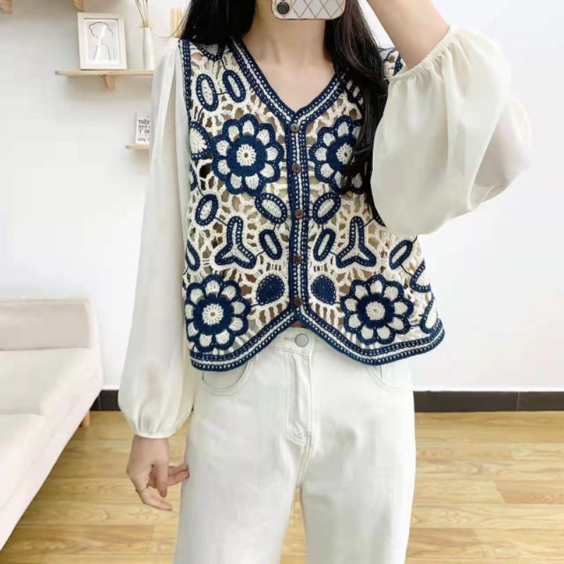 MDLV ~ 68110# Lorisa Crochet Cardigan Blouse Brukat Import