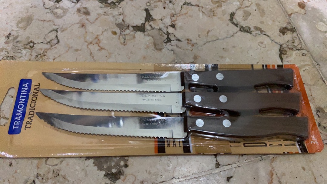 Pisau Steak Tramontina Stainless Steel Set 3 Pcs Traditional 22200/305 Handle Kayu Original Brazil