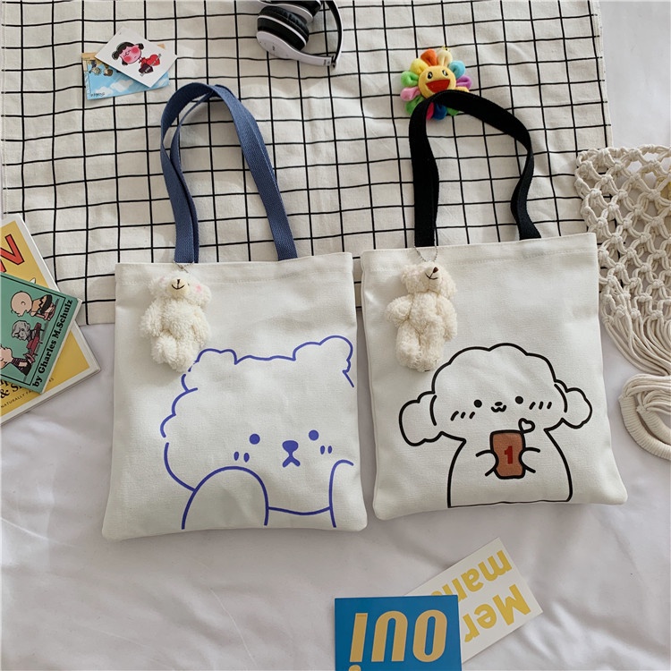 Drozenb Tas Tote Wanita Bahan Canvas Model Korea Motif Kartun/Totebag Canvas Korea/Tas Totebag Fashion Resleting/Tas Totebag Kekinian/Totebag Casual Bahan Canvas/Tas Tote Harajuku