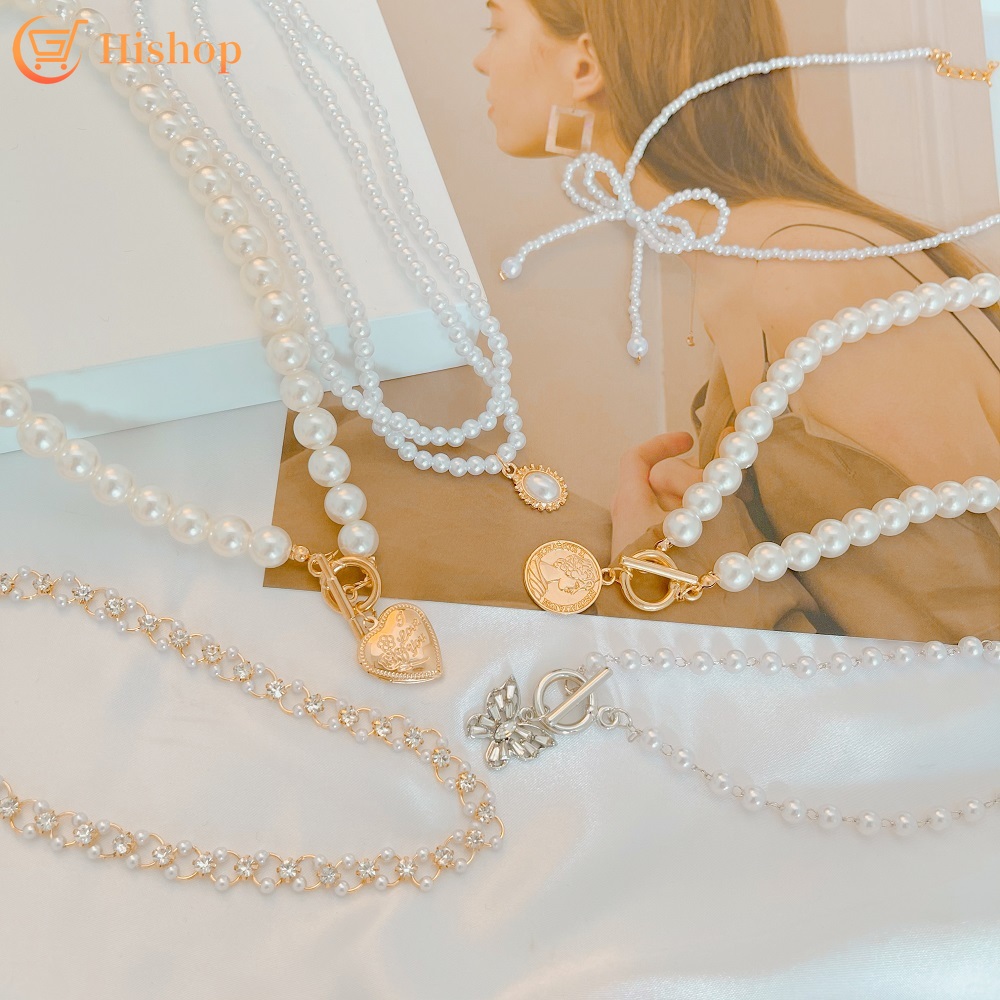 Kalung Choker Rantai Banyak Lapis Aksen Kupu-Kupu + Mutiara Elegan Untuk Wanita