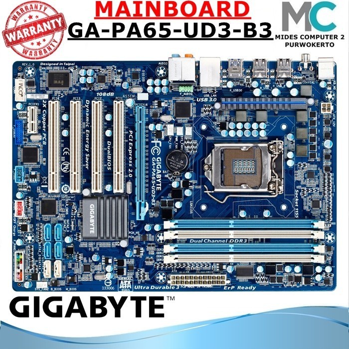 Mobo GA-PA65-UD3-B3 Intel LGA 1155 Gigabyte Onboard 4 Slot Ram