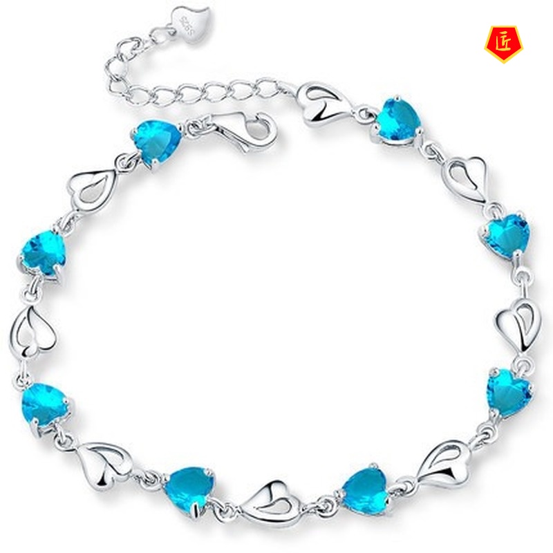 [Ready Stock]925 Silver Heart-Shaped Blue Crystal Bracelet Women's Simple