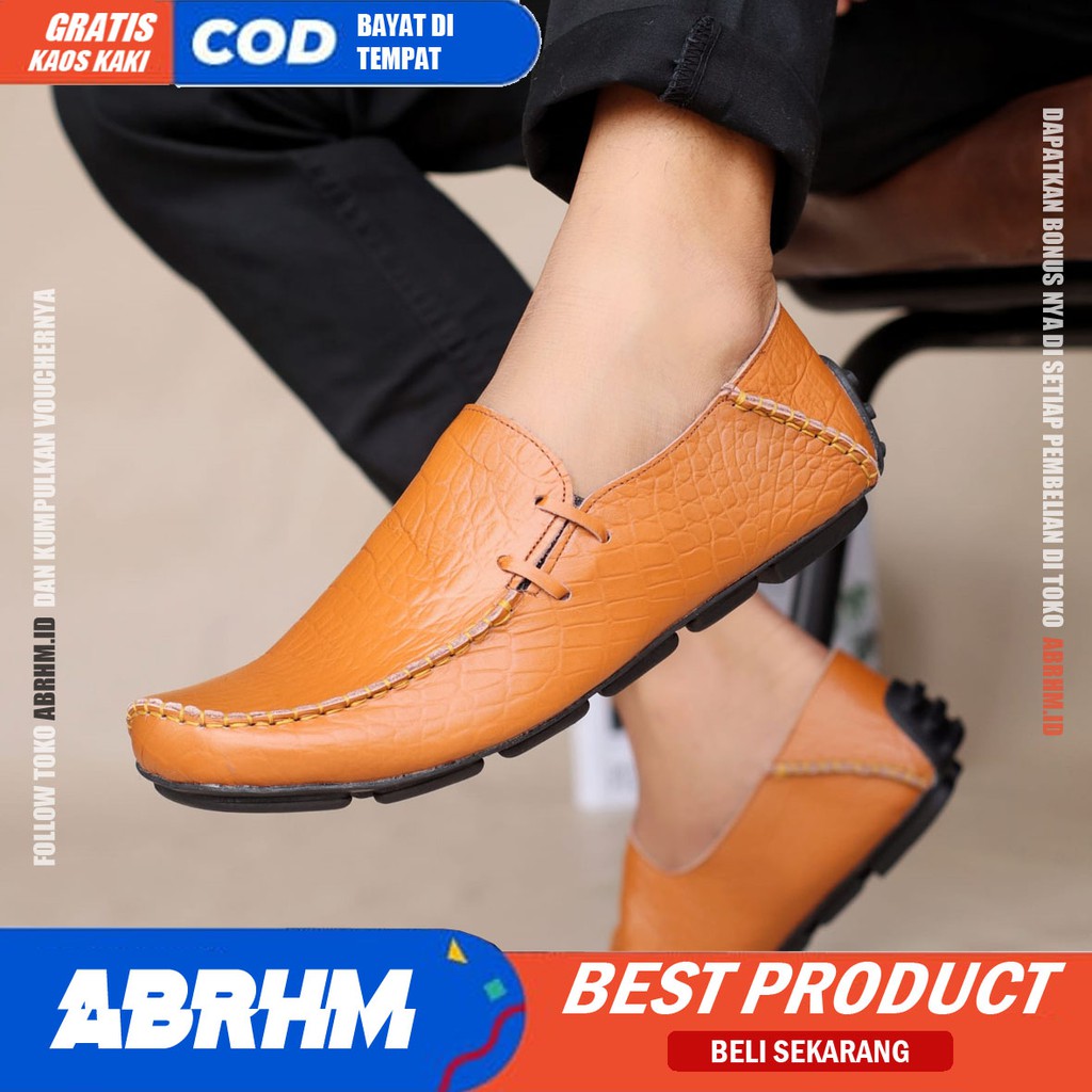 ABRHM x MOCLAY Sepatu Slip On Casual Pria Sepatu Slop Cowok Mocasin Anti slip Kulit Asli Sepatu kerja Pantofel Semi formal Keren Kekinian Original