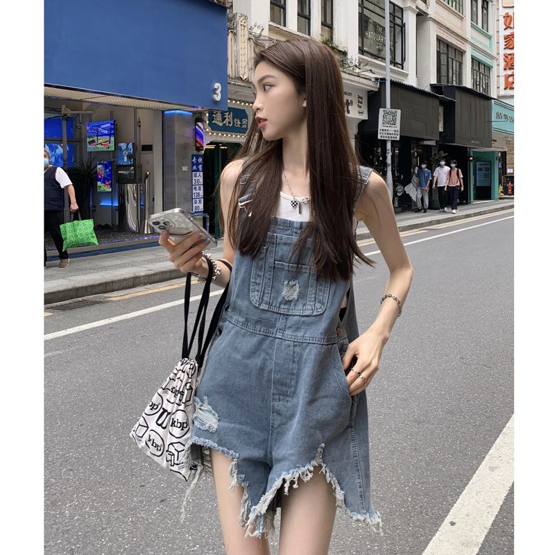 Celana Jeans Sobek Wanita Celana Pendek Suspender Kaki Lebar Longgar