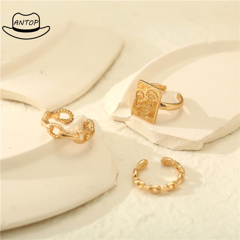 3pcs / Set Cincin Rantai Emas Model Terbuka Dapat Disesuaikan Untuk Aksesoris ANTOP