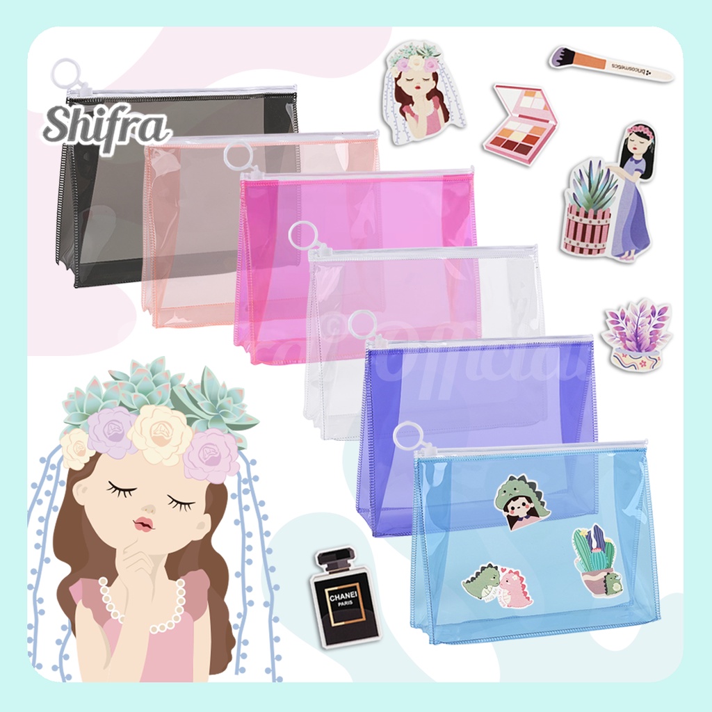 Shifra Tas Kosmetik Pouch Bag Mika Tempat Make Up Anti Air Colorful (Free Set Stickers)