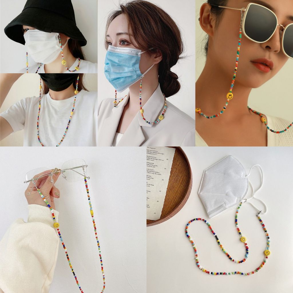 Color smiley face mask rope anti-drop color chain rice beads glasses chain mask extension belt anti-lost necklace -OW-