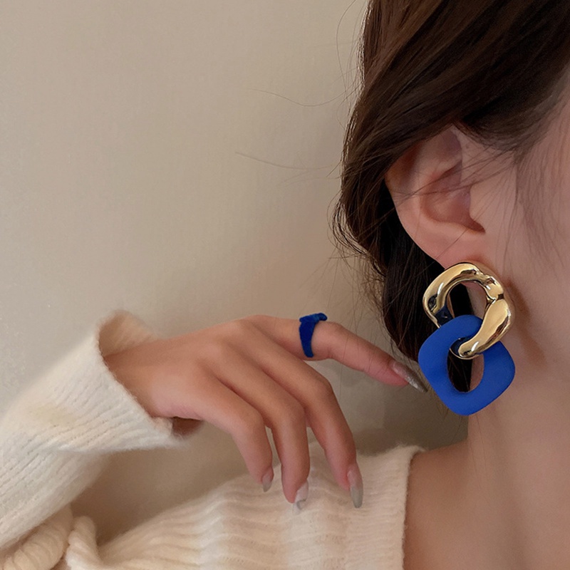 Anting Rantai Panjang Bentuk Bulat Hati Geometris Bahan Akrilik Warna Biru Gaya Vintage Untuk Wanita