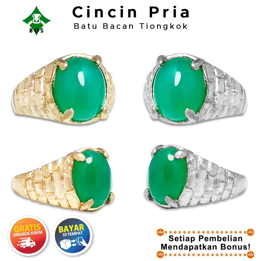[Bayar Di Tempat] BOS Cincin Pria Batu Akik Bacan Hijau Tiongkok Keren Asli Mewah Elegan Ring Kecil